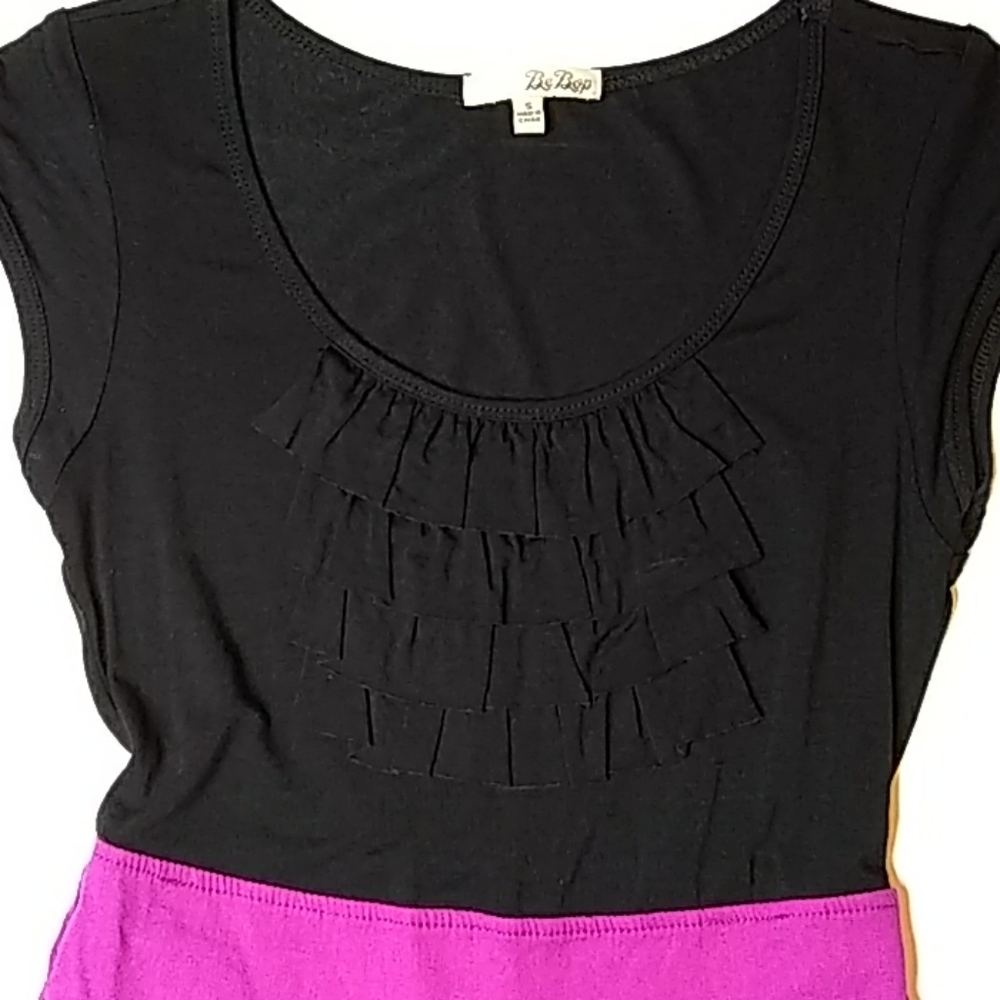 Ruffled Jersey Knit Dress w/ Cotton Striped Skirt